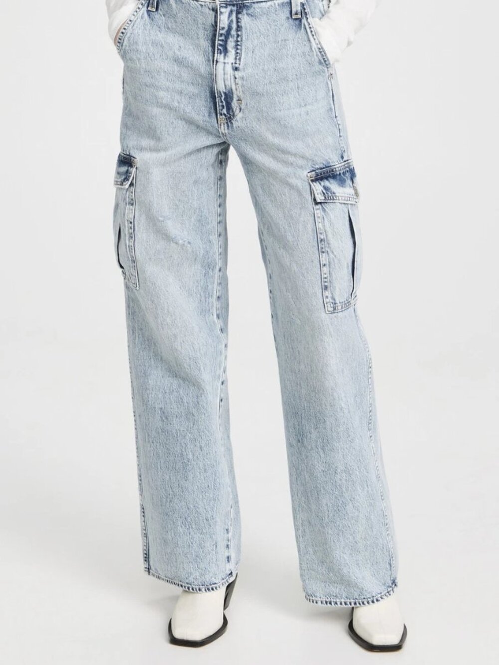 AMO Maya High Rise Wide Leg Cargo Jeans Tenderness Light Wash Denim Size 26